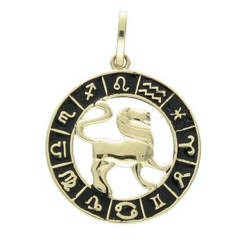 Złota zawieszka 585 znak zodiaku Lew z czarną emalią w kółku ZA 7310B.jpg